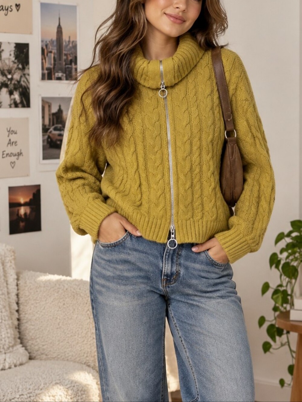 Twik Simons Cable Knit Zip Front Cowl Neck Sweater Size L